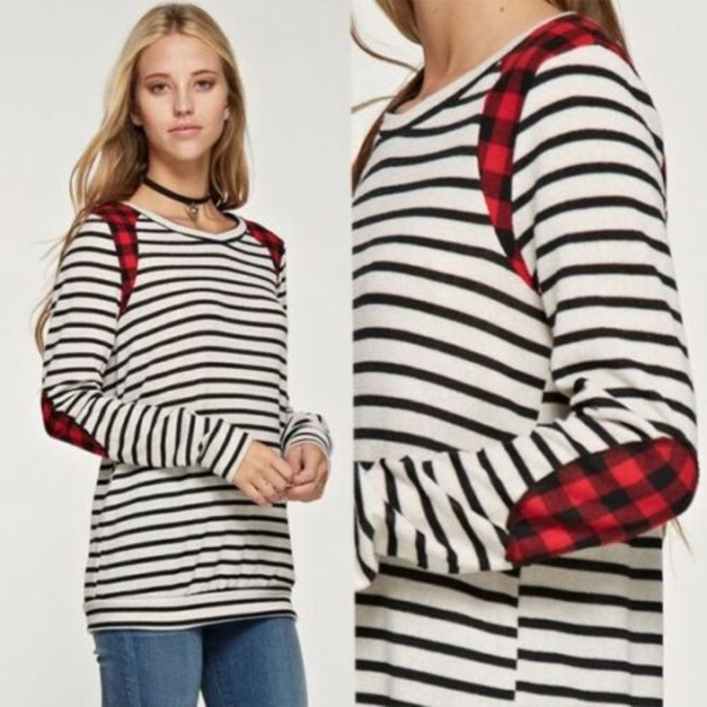12 PM by Mon Ami Stripe BUFFALO PLAID Long Sleeve Knit Ivory Top